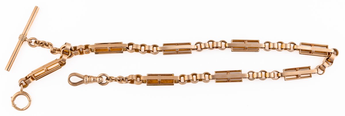 Geometric bar link watch chain with T-bar in 10K
