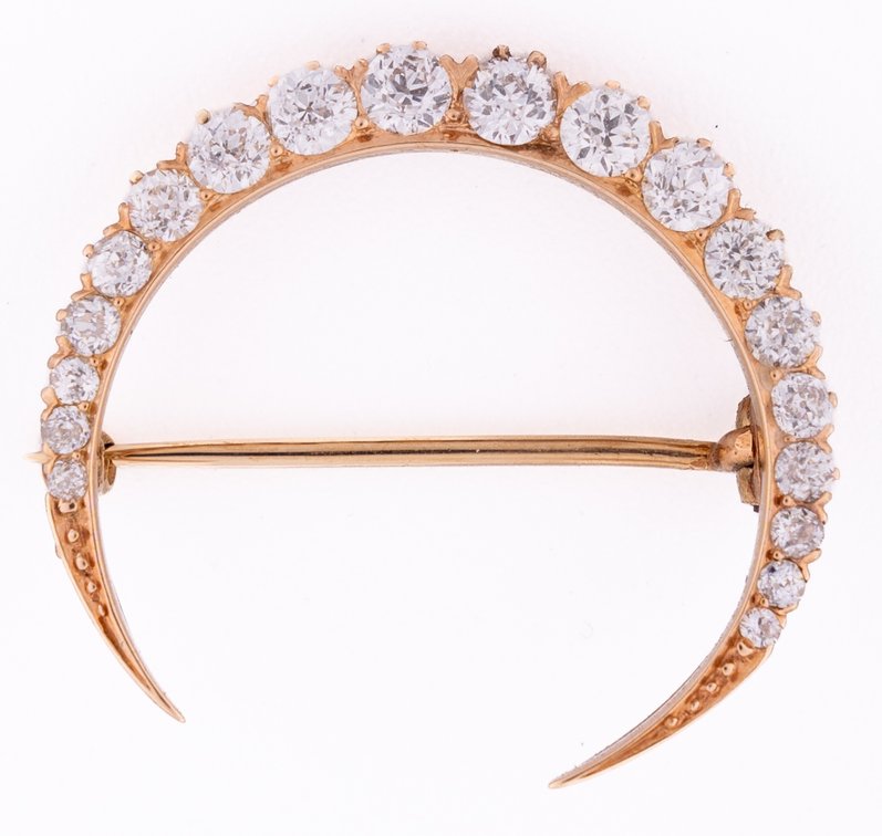 Diamond and 14K yellow gold crescent moon brooch