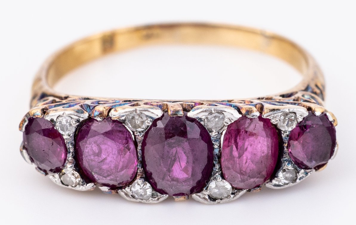 Ruby, diamond & 18K gold antique cluster ring