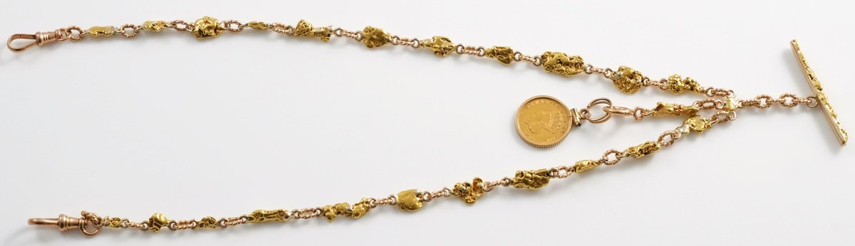22K & 10K yellow gold double-Albert watch chain comprised of California gold nuggets
