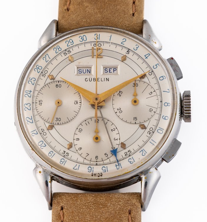 Gübelin triple calendar chronograph, manual wind w/Box
