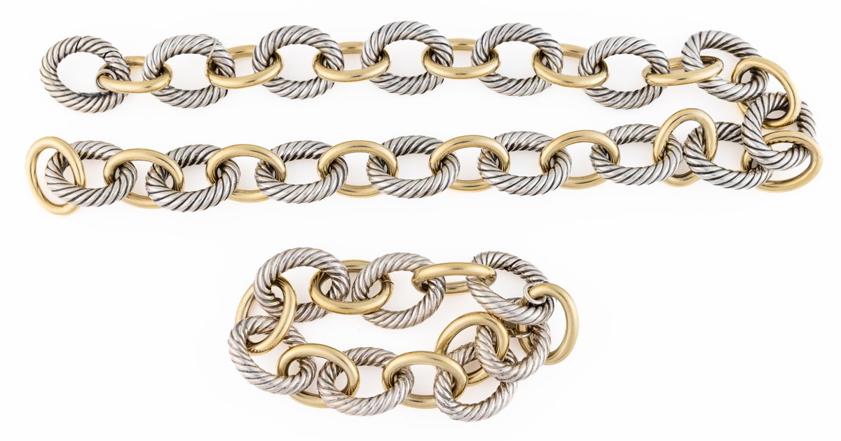 David Yurman oval link sterling silver & 18K gold bracelet and necklace suite