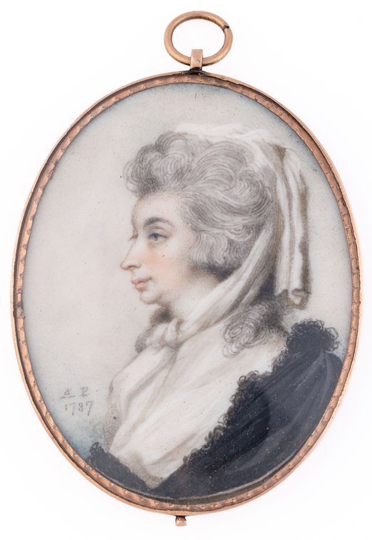 Painted portrait miniature of a well-to-do youngish woman dated 1787