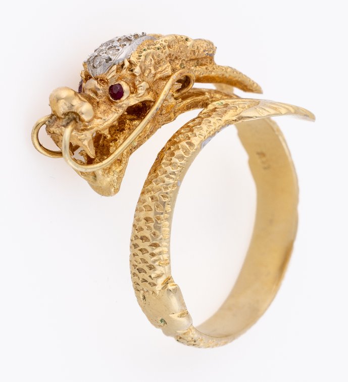 Diamond & ruby accent dragon ring in 14K yellow gold