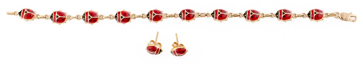 Adorable ladybug jewelry set in enamel and 14K