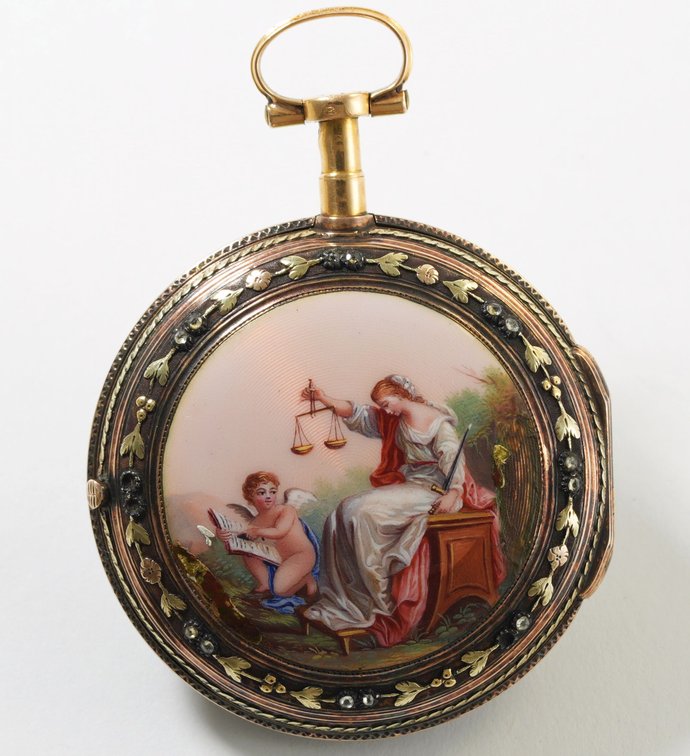Romilly, 18K gold verge fusee w/polychrome enamel Lady Justice