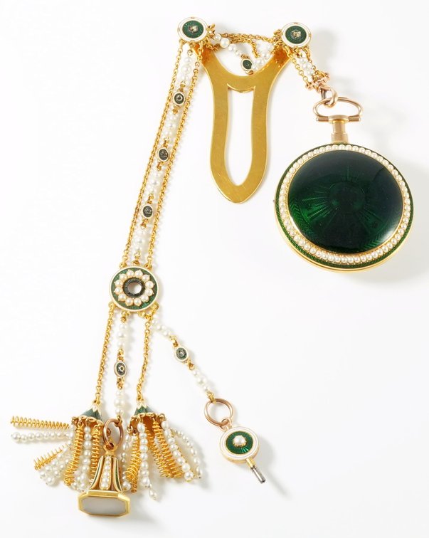 John Jardin, cylinder fusee w/22K and enamel case, matching enameled chatelaine