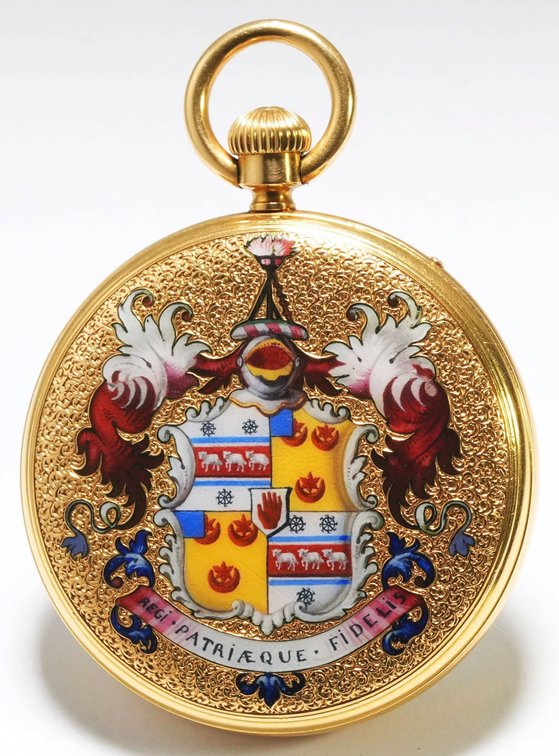 EJ Dent, 18K w/polychrome enamel coat of arms, 39mm