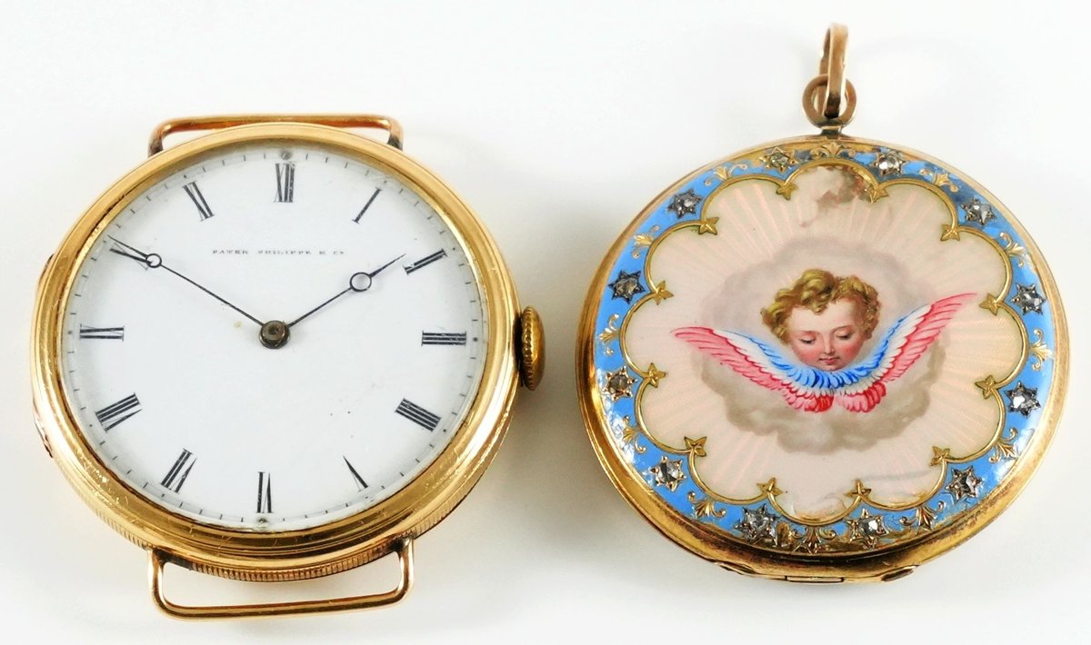 Patek Phillipe PW to WW conversion, in 18K, w/original enameled 18K PW case
