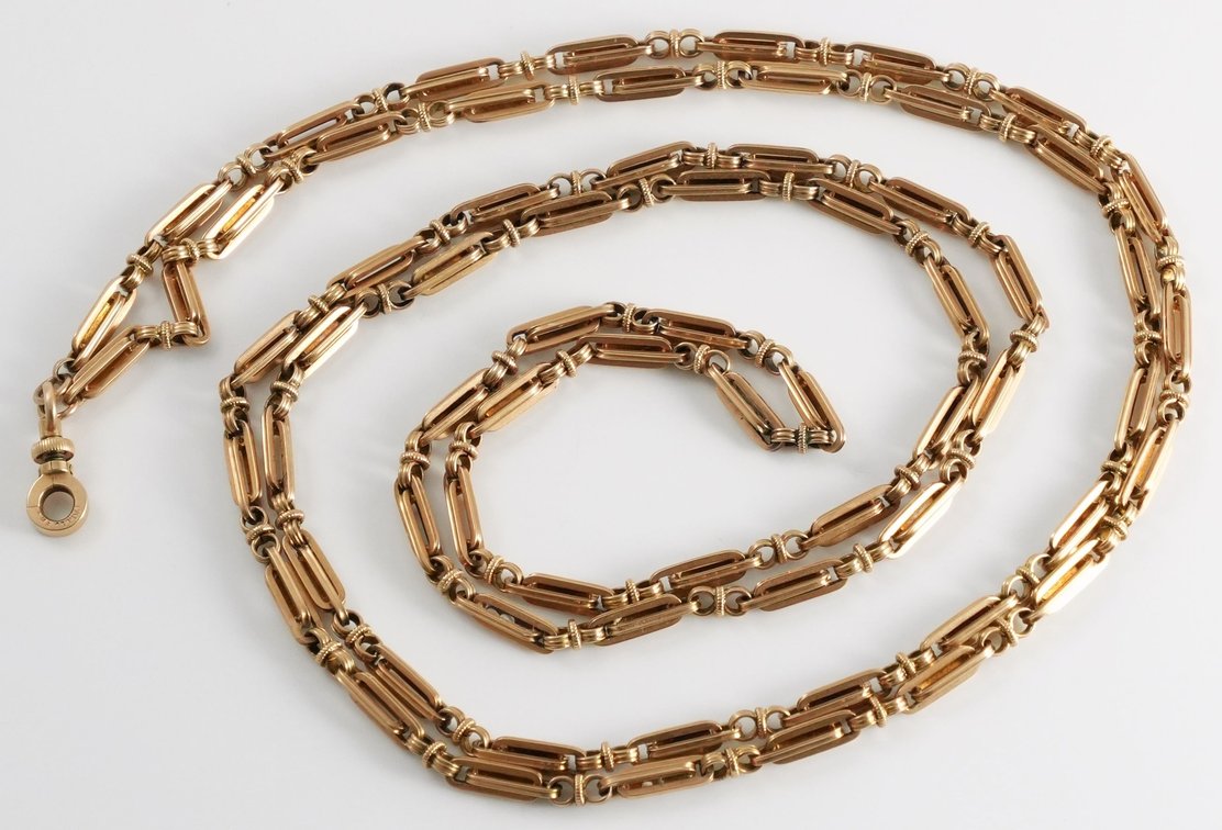 Extremely heavy 14K yellow gold ornate solid link pendant watch chain