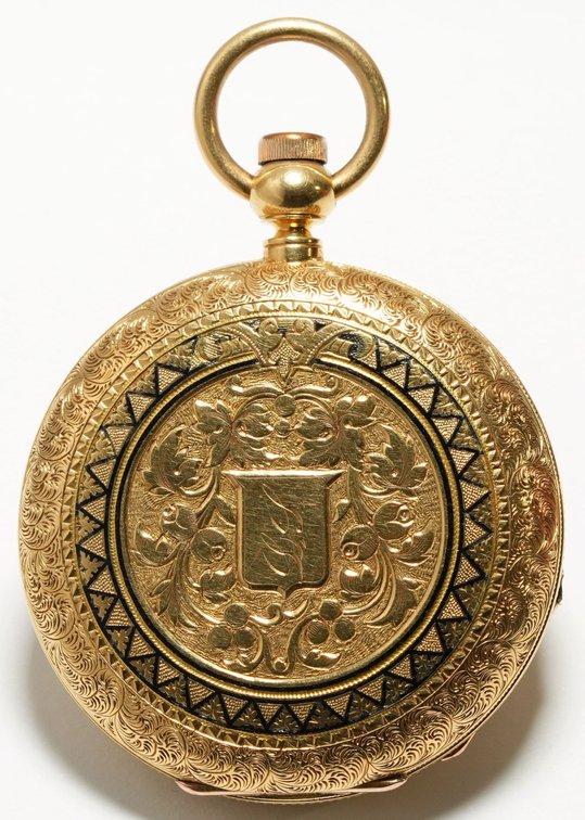 Elgin, 18K HC pendant watch w/beautiful engraving and enamel detail