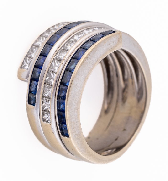 Diamond, sapphire & 18K white gold bypass ring
