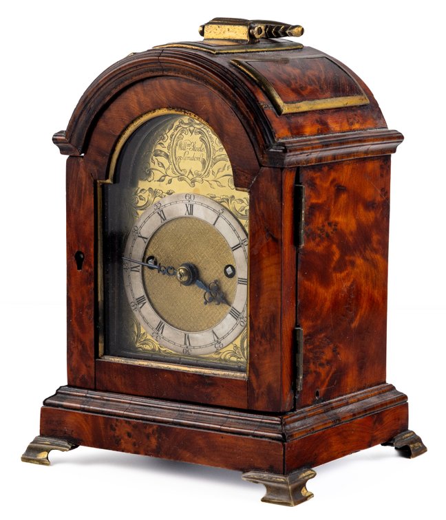 William Steele, miniature triple pad top brass mounted burr walnut striking bracket clock