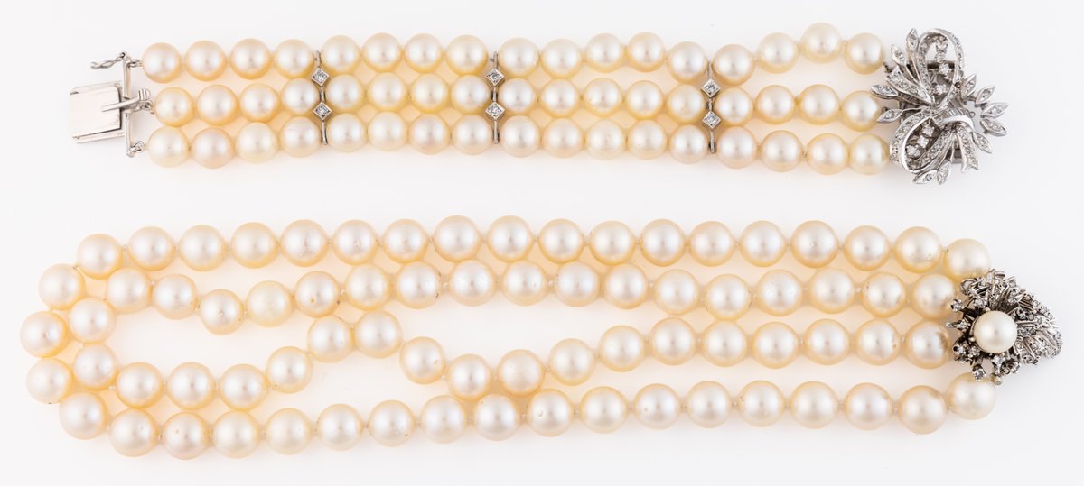 Saltwater pearl, diamond & 14K white gold necklace and bracelet suite