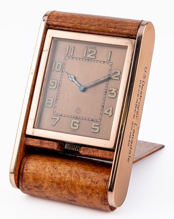 LeCoultre, 8-day travel clock w/US Destroyer Lansdale case engraving