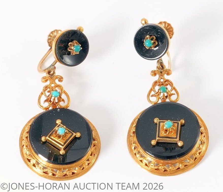 Turquoise, onyx & 14K dangle earrings with screwed tension backs