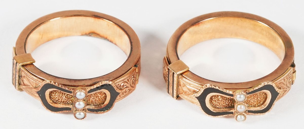 10K & enamel pair of Victorian hinged mourning rings with woven hair braids