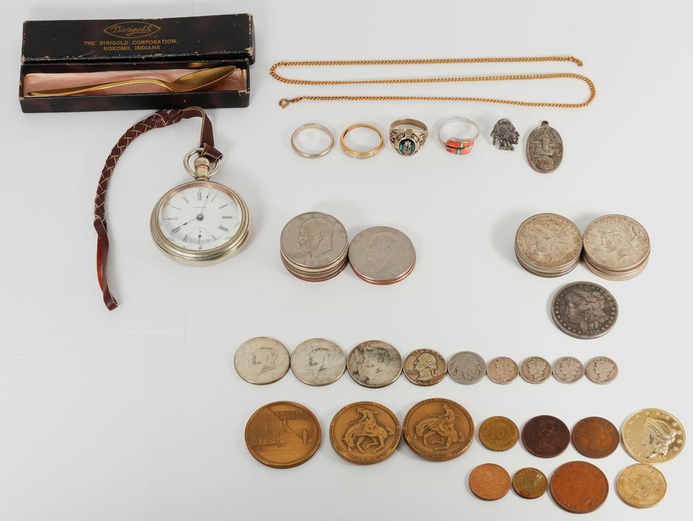 Lot (14) Coins, jewelry, plus one PW