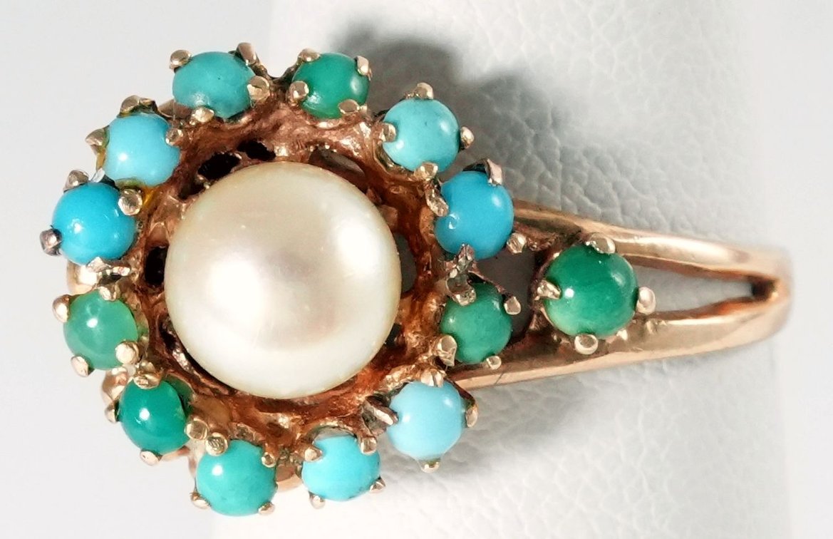 Pearl, turqouise & 14K yellow gold asymetrical cluster ring