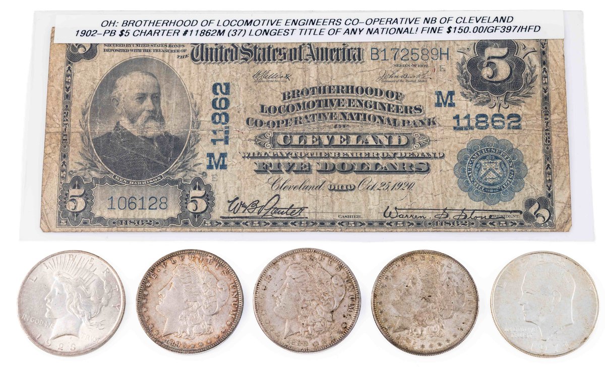 US Coin and Paper Currency lot (6) Includes five silver dollars & a series 1902 $5 NBN