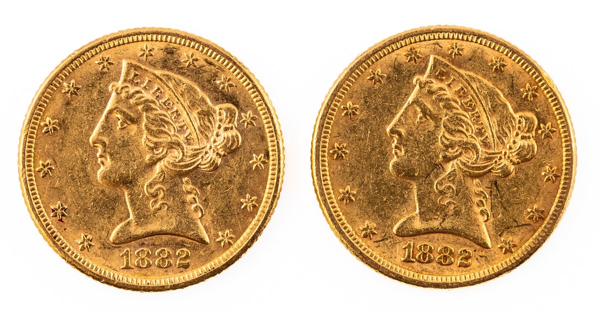 Liberty Head $5 Gold (2) 1882, both XF details