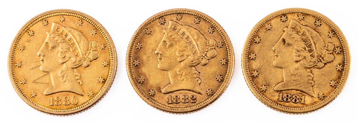Liberty Head $5 Gold (3) 1880, 1881 & 1882 (details grades)