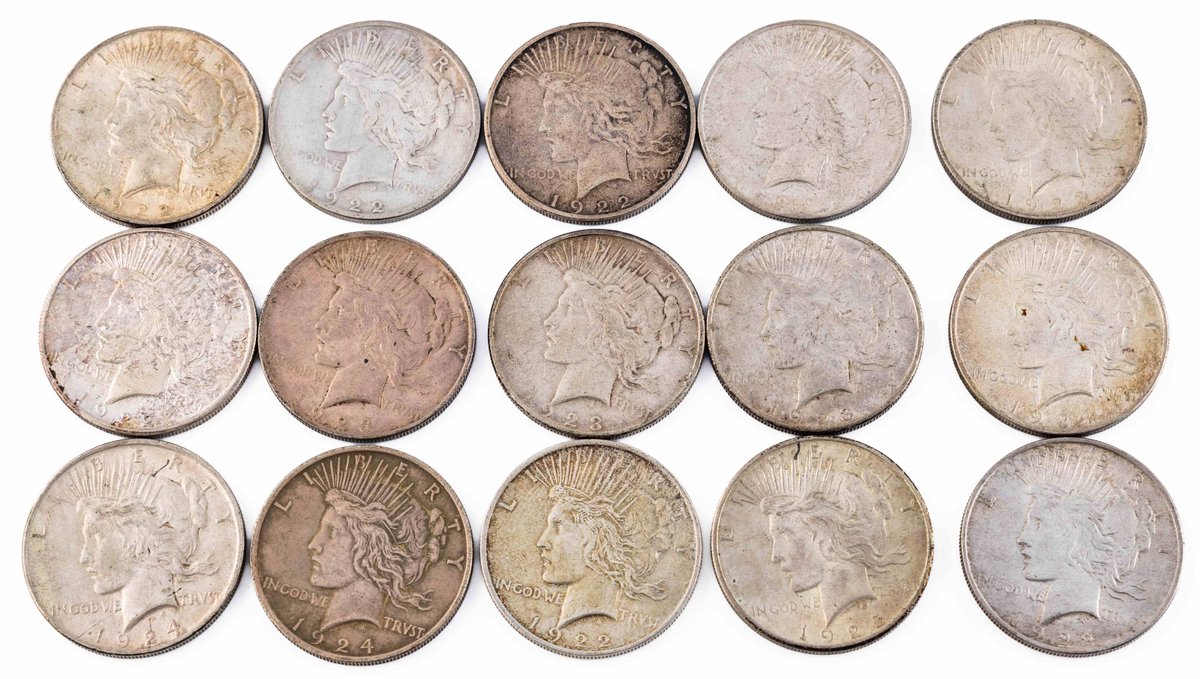 Peace Silver Dollar lot (15) Assorted dates, mints & grades.