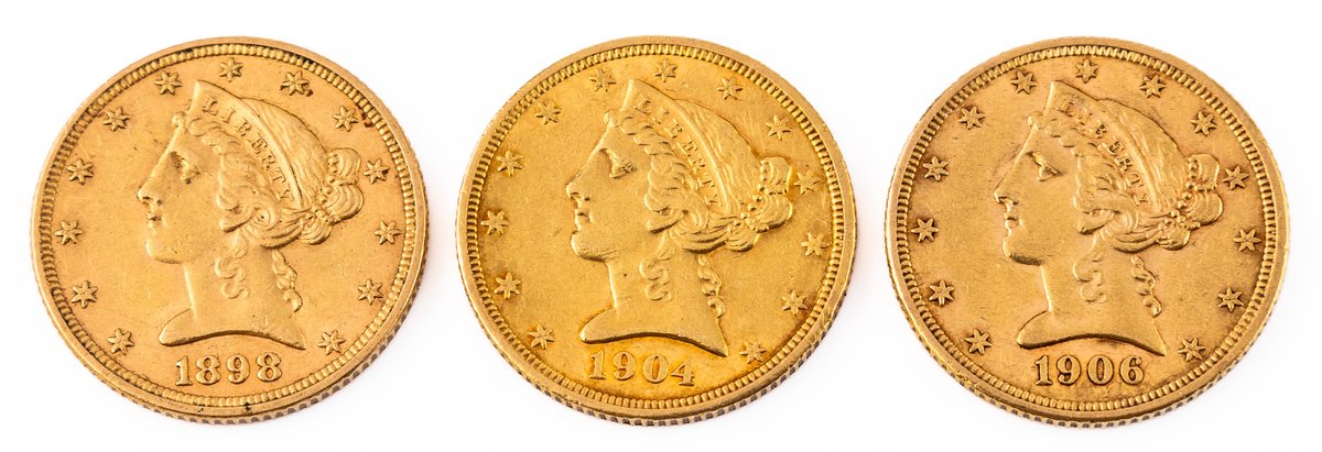 Liberty Head $5 Gold (3) 1898, 1904 & 1906-S (details grades)