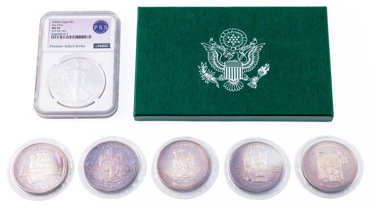 Silver Round & Coin lot (7) Includes 2024 (P) star privy American Silver Eagle, NGC MS70