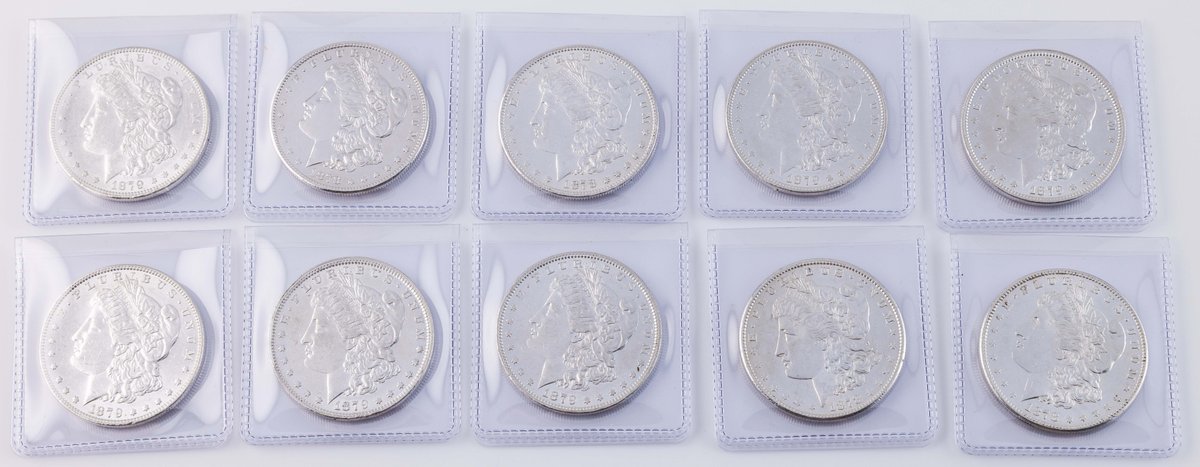 US Coin Lot (10) Morgan Silver Dollars, 1878-S & 1879, details grades