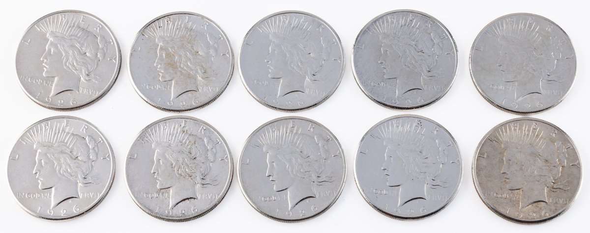 US Coin Lot (10) Peace Silver Dollars, 1926, details grades
