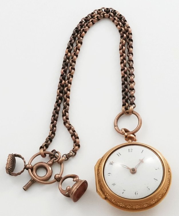 Bartholomew Devis, 22K gold verge fusee, 47mm, w/7K chain