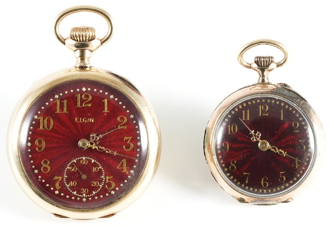 LPW lot (2) Pendant watches, 9-14K cases, red guilloche dials, one runs