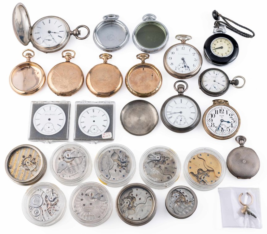 Lot (23) Assorted PWs, mvts, cases, and dials