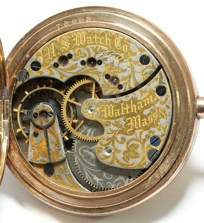 US Watch Co, rare two-tone acid etched mvt, pendant watch
