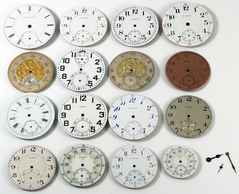 PW dial lot (16) Elgin, assorted 0-18S PW dials