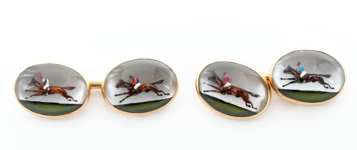 Reverse painted cufflinks with a horse scene in 14K gold