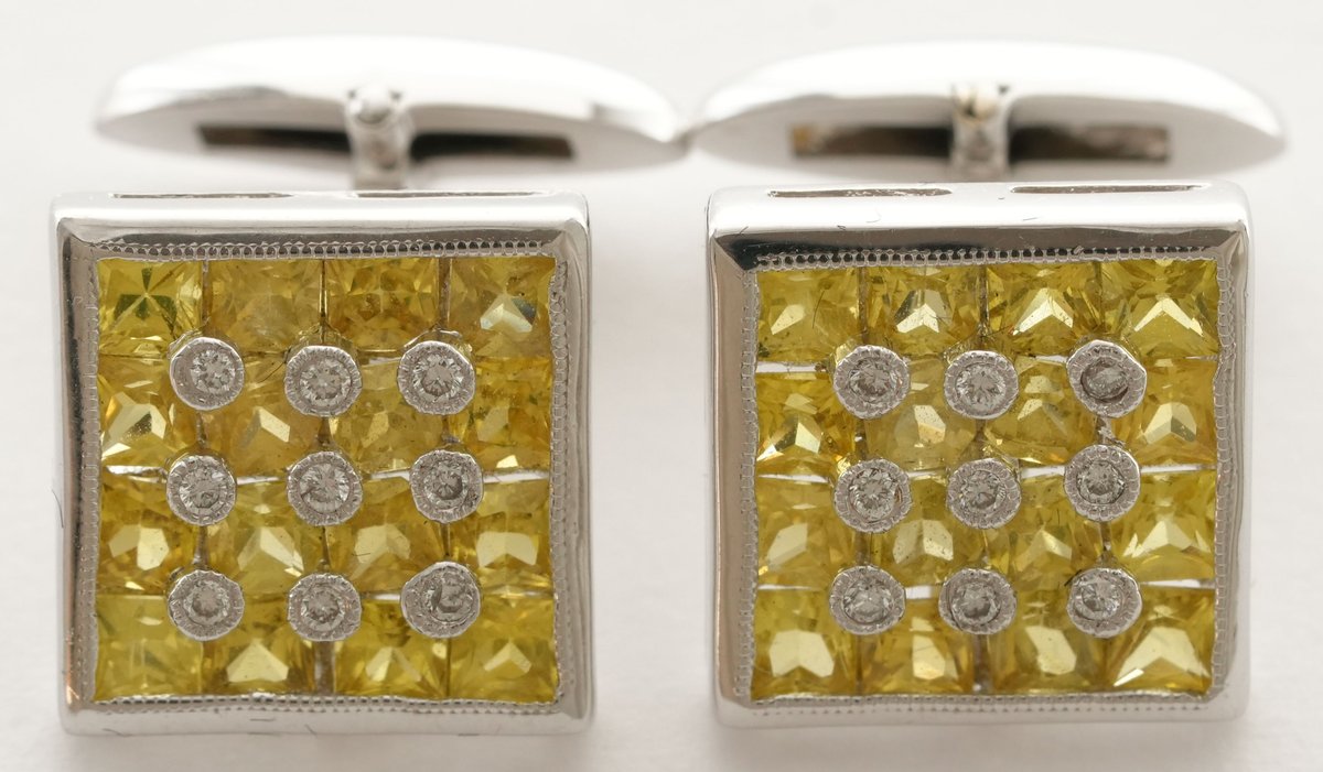 Yellow sapphire, diamond & 14K white gold cufflinks