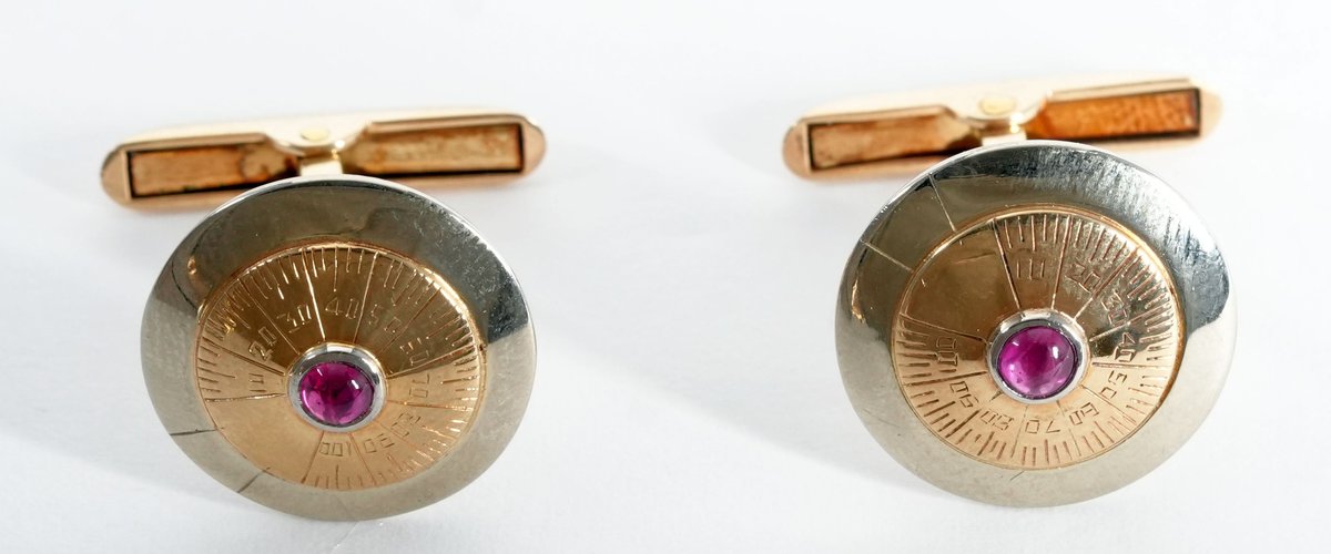 Ruby & 14K white and yellow gold cufflinks shaped like safe dials