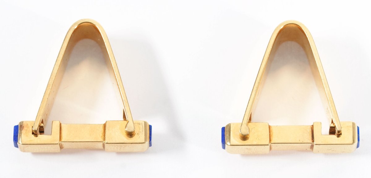Lapis & 18K yellow gold cufflinks with guilloche finish & locking style