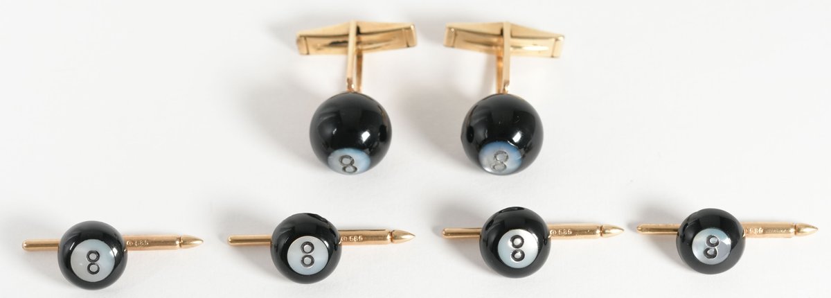 Onyx, mother of pearl & 14K yellow gold 8 ball dress set