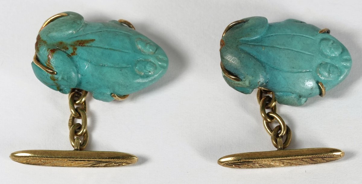 Carved turquoise frog & 14K yellow gold cufflinks