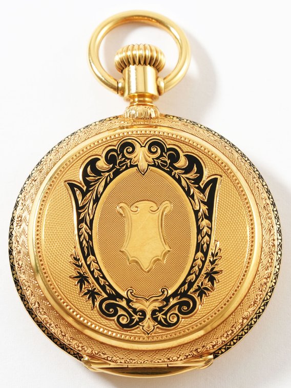 Chas E Jacot, pendant watch, heavy 18K drum style HC w/enamel