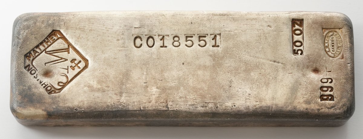 Johnson Matthey 50 troy ounce .999 fine poured silver bar