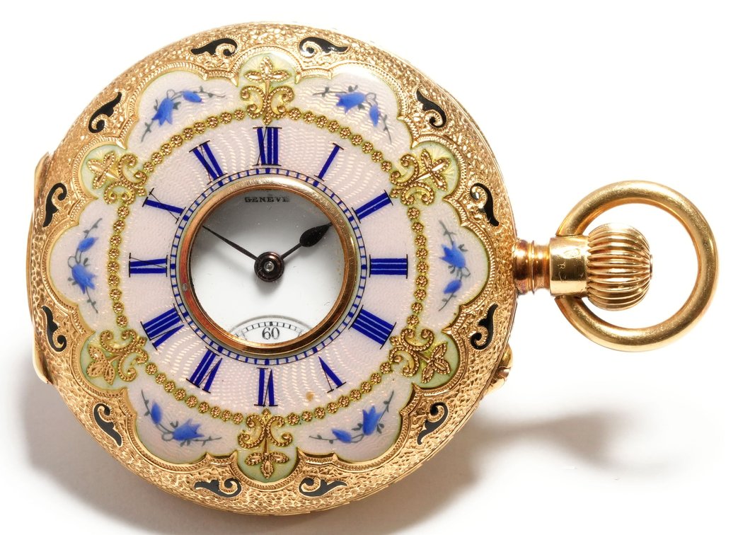 A Golay-Leresche & Fils, pendant watch, heavy 18K demi-HC w/beautiful enameling