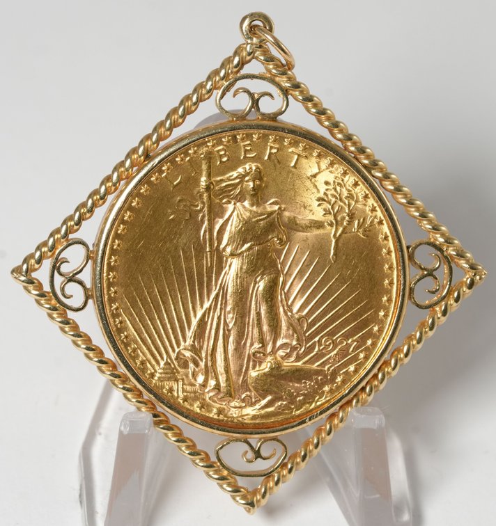 US $20 gold piece pendant with a 14K yellow gold frame
