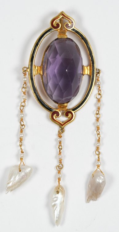 Amethyst, pearl, red & black enamel briolette pendant in 14K