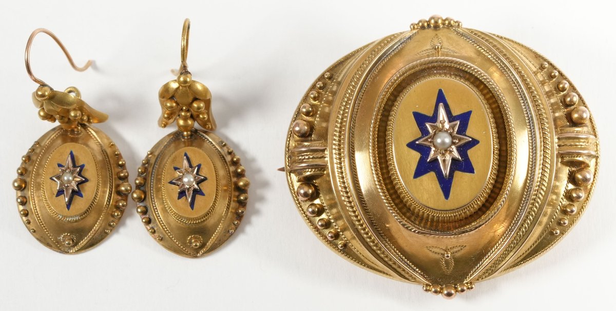 14K yellow gold Victorian mourning suite with blue enamel and pearl accents