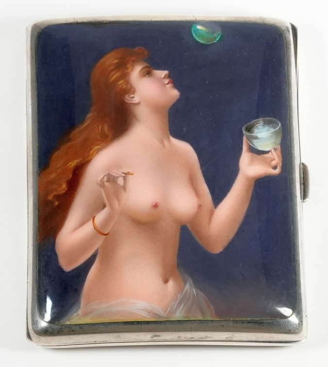 Enameled portrait cigarette case in sterling silver