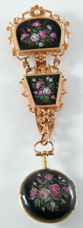 LeRoy, verge fusee pendant watch, 18K w/enamel, matching chatelaine